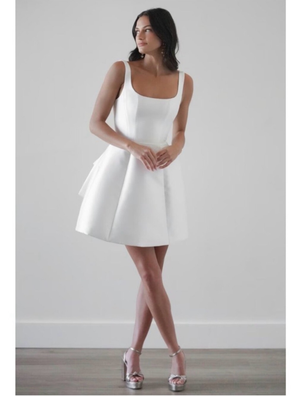 Square-Neck White Mini Dress with A-Line Skirt